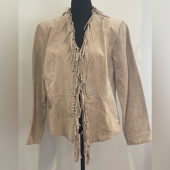 Dialogue M 100% Leather Beige Suede Fringe Blazer‎ - Picture 1 of 9